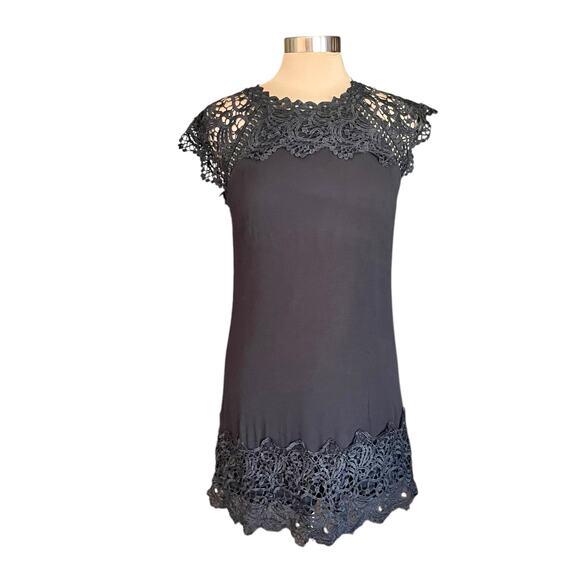 Andree by Unit Black Gauzy Sheath Dress White Lace Trim Sz MED Whimsygoth Grunge - Picture 1 of 9